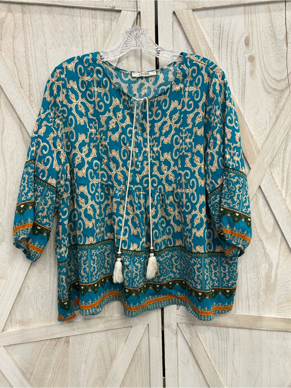 ViVI Teal Patterned Tassel Peasant Tunic